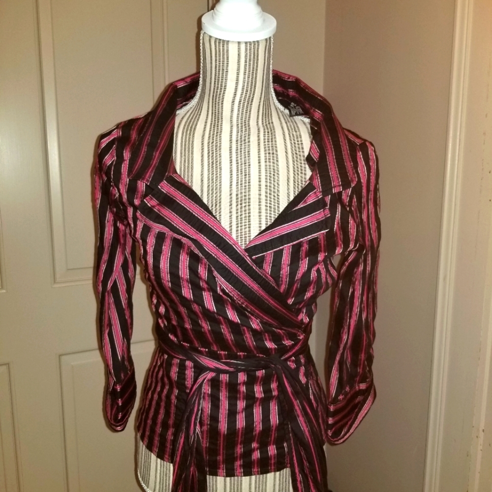 Zara Woman striped wrap blouse with dramatic neck/collar